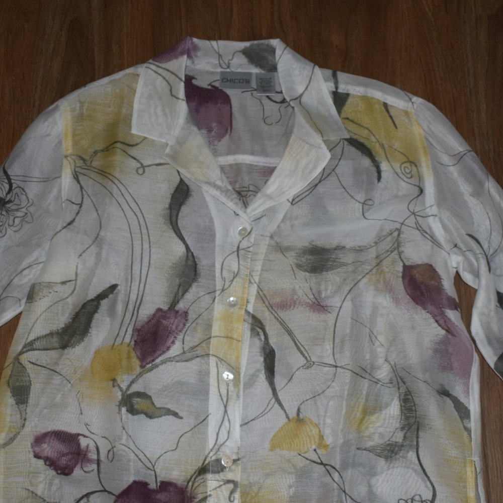 Chico's Cotton & Silk Flowered Long Sleeve Blouse